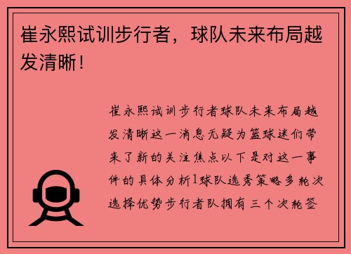 崔永熙试训步行者，球队未来布局越发清晰！