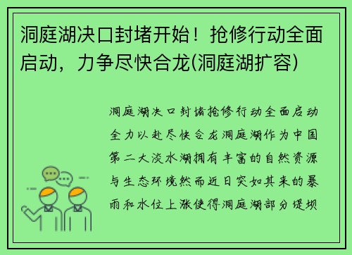 洞庭湖决口封堵开始！抢修行动全面启动，力争尽快合龙(洞庭湖扩容)